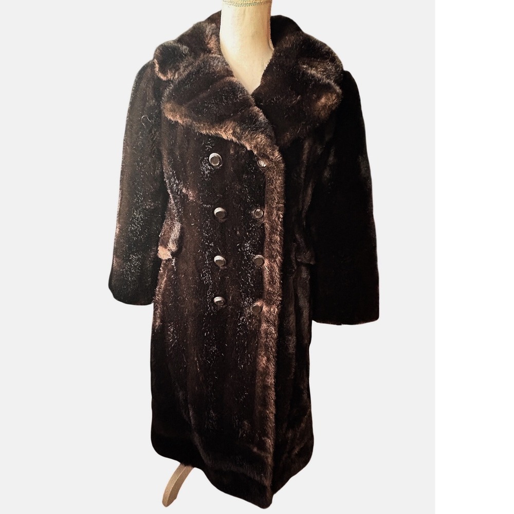 Vintage Brandella Fairmoor Faux Fur mink Coat Brown Double Breasted Longline